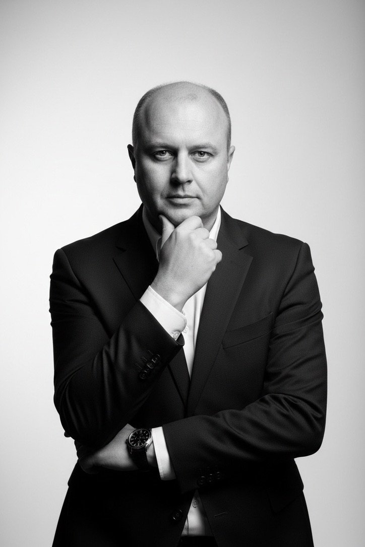 Czarno-biały portret Adama Wyszomirskiego – doradca finansowy